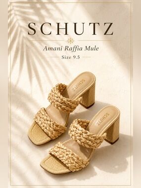 Schutz Amani Raffia Block Heel Mule Sandals Natural Size 9.5 NIB